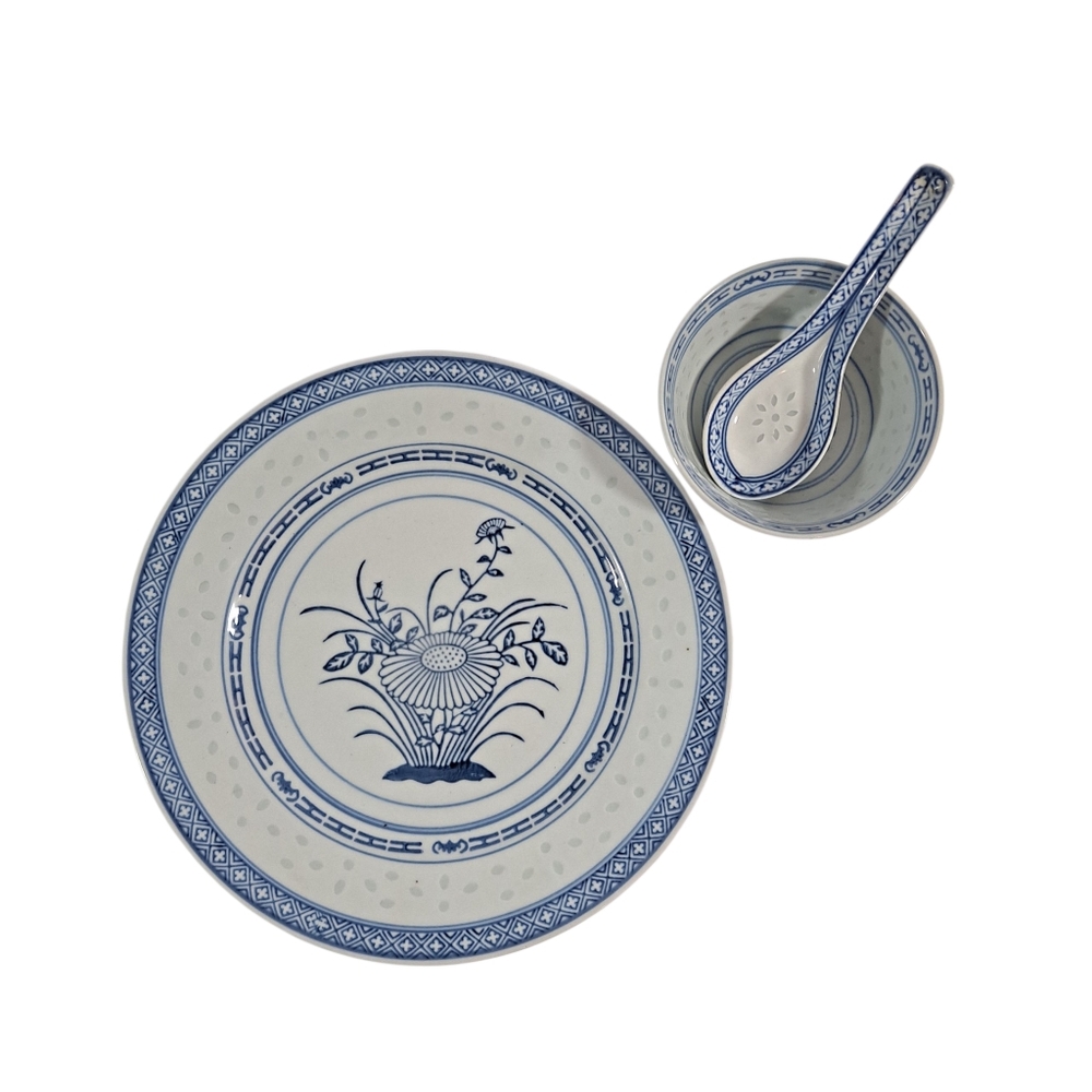 Vintage Chinese Rice Eye Blue & White Porcelain Plate And Rice Bowl With Spoon